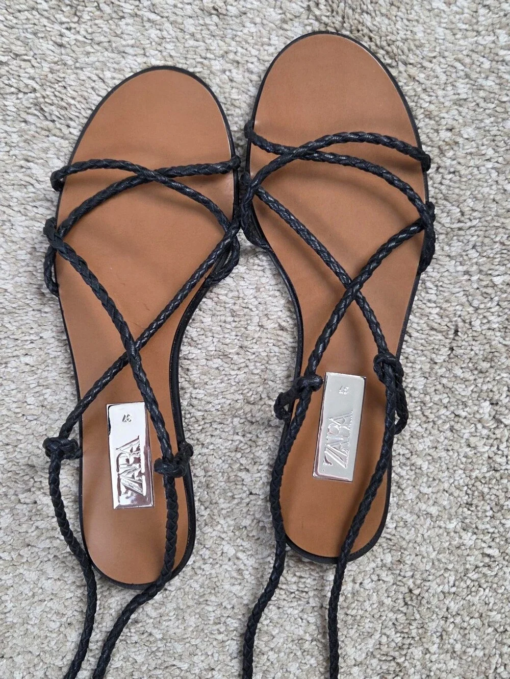 Zara Black Braided Leather Lace-Up Flat Sandals - Picture 3 of 8